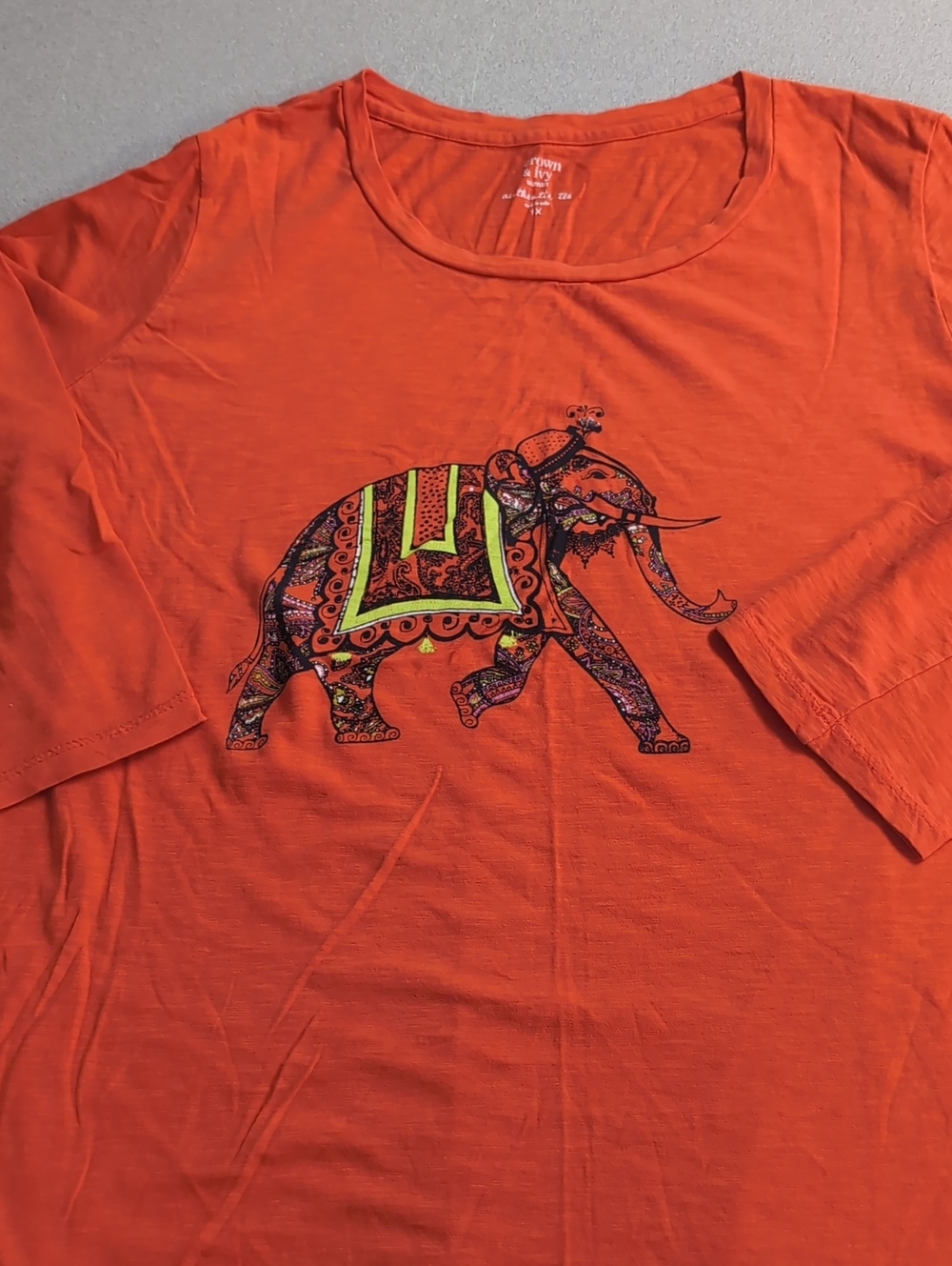 crown & ivy Orange Short-Sleeve Tee with Decorative Elephant Print